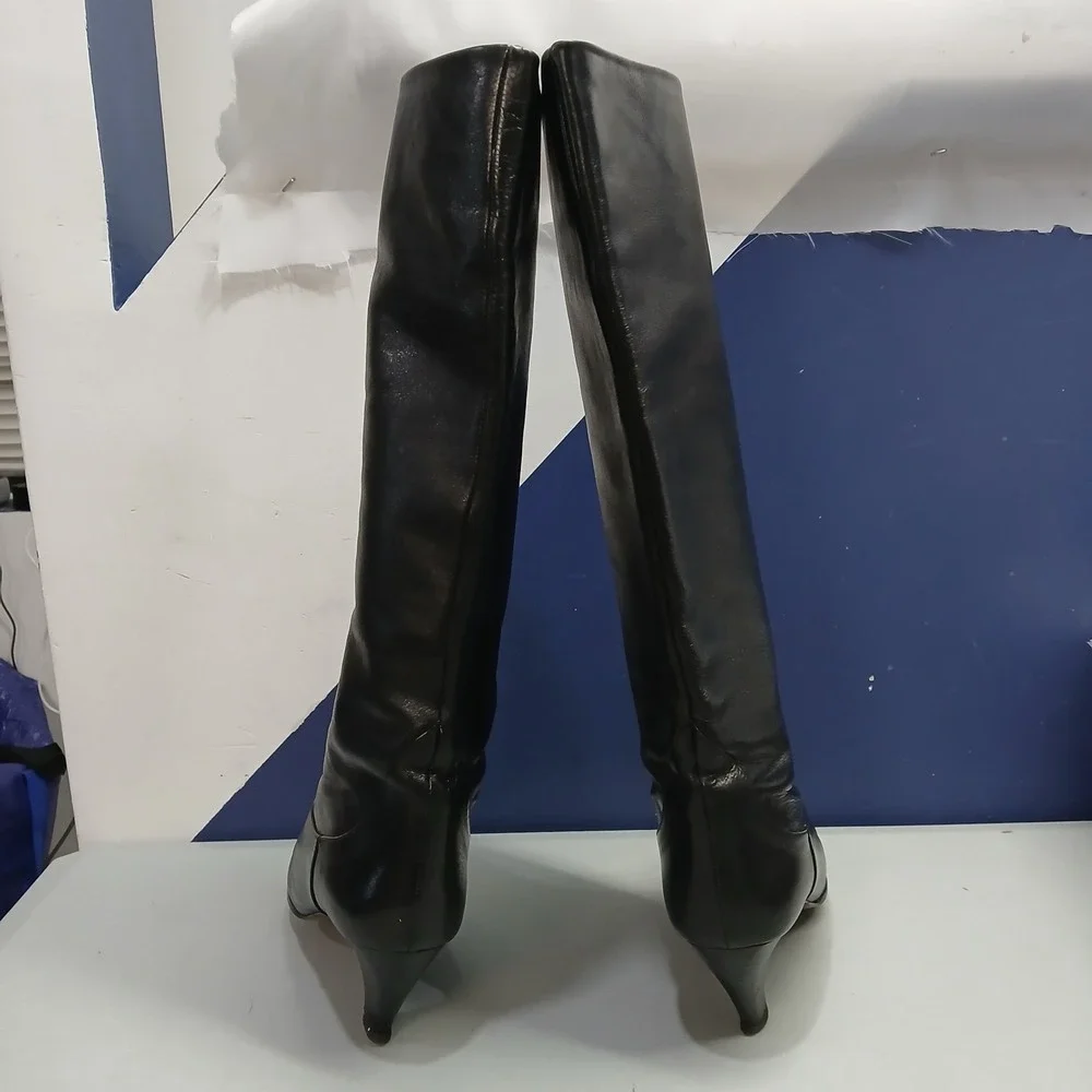 Vintage Hana Mackler Knee-High Boots Womens Size 9B Black Pointed Toe Italy Made